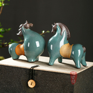 Ceramic Horse Figurine With <b>Bamboo</b> Weave Decor Traditional Style Tabletop Ornament For Living Room Or Office Desk Display - Product Image 2