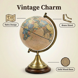 Globo Terráqueo Vintage de 20 cm con Base de Metal Bronce, Mapa de Papel Tradicional, Decorativo, Antiguo, Inglés, para Oficina, Geografía, Educación - Product Image 3
