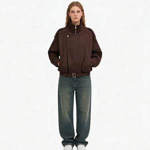 Women's <b>Suede</b> Moto Belted Waist Lapel Collar Casual Streetwear Outerwear Fashion - Product Image 3