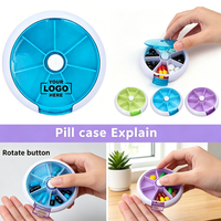 Boîte à pilules rotative à 7 compartiments avec logo personnalisé, organiseur de médicaments hebdomadaire portable, étui de rangement pour comprimés rond et coloré, design à bouton