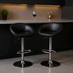Tabourets de bar en similicuir noir, base chromée réglable en acier, design moderne et contemporain, mobilier commercial - Product Image 2