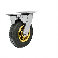 Roue pivotante pneumatique en caoutchouc avec frein de blocage total, jante en plastique dorée, roue à pneu gonflable pour chariot à main