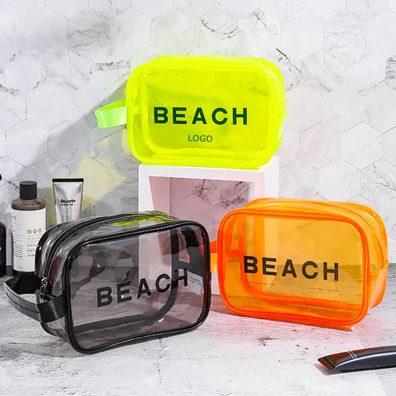 Logo personnalisé étanche PVC transparent de lavage portable maquillage voyage plage sac cosmétique avec poignée