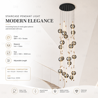 Lustre moderne minimaliste pour escalier, avec tiges LED et sphères en verre fumé 3000K, noir, pour hôtel, villa, couloir d'escalier, hall d'entrée