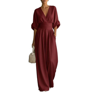 En stock – Nouvelle collection Printemps-Été 2026 – Combinaison élégante à col en V et ceinture à nouer pour femme – Tenue une pièce stylée de style européen et américain - Product Image 5