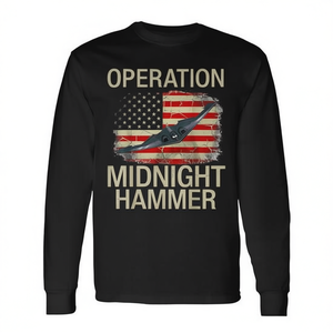 Camiseta de manga larga Operation Midnight Hammer con diseño de avión de combate B-2 Stealth y gráfico de la bandera patriótica estadounidense - Product Image 2