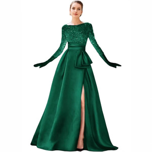 Black Long Sleeve <b>Sequined</b> Evening Gown Boat Neck High Slit Full Length Formal Dress For Banquet Party - Product Image 3