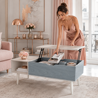 Table basse industrielle noire à plateau relevable avec rangement, étagère ouverte, compartiment dissimulé et pieds coniques