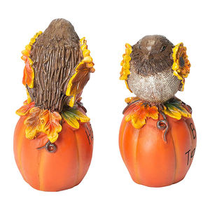 Resina Raccolto Felice Autunno Zucca Figurine con Uccelli Fiore, Assortiti Set di 2 - Product Image 2