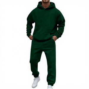 Ensemble de survêtement pour homme vert foncé à capuche, coupe ample, couleur unie, en coton, sweat-shirt et pantalon décontractés avec poches latérales - Product Image 1