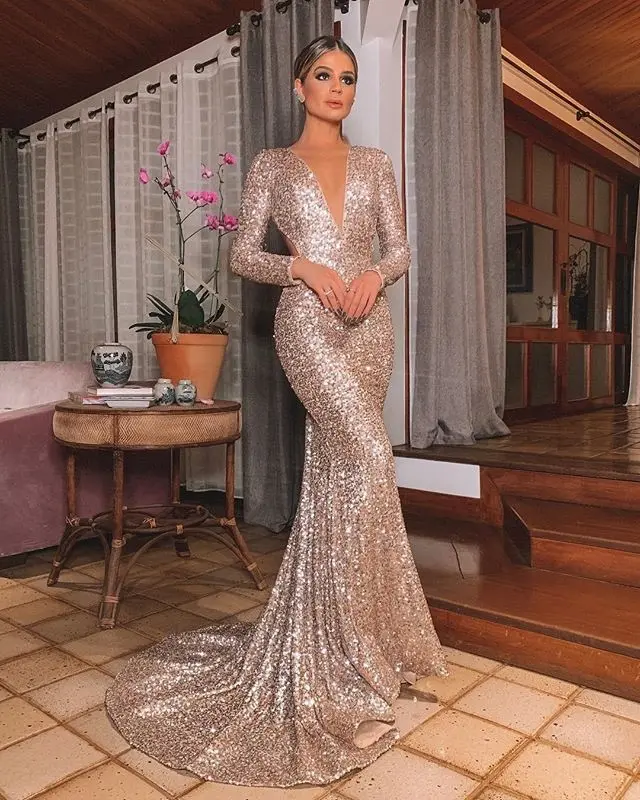 In stock sexy open back deep V neck long sleeve fishtail prom party dress mother simple shiny gold sequin prom dresses
