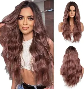 HAVEN HAIR 24 Inch Long Wavy Ombre Brown to Pink Wigs for Women Natural Synthetic Hair