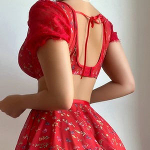 Conjunto de lencería sexy de 3 piezas con estampado floral de malla transparente, sujetador con mangas abullonadas, falda de malla y <span class=keywords><strong>ropa</strong></span> <span class=keywords><strong>interior</strong></span> dulce y linda a juego - Product Image 5
