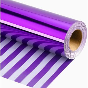 Reversible Purple Wrapping Paper Roll 17 In X 32.8 Ft Metallic Striped Gift <b>Wrap</b> For Birthday Anniversary - Product Image 1