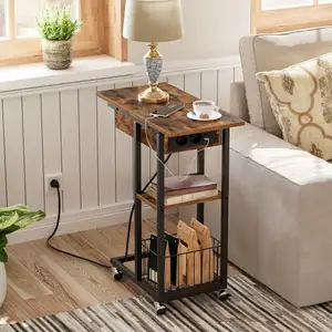 Wholesale Industrial Style Wood C Shaped TV Tray Side Table Sofa C End Table With Charging Station USB Ports Power Outlets
