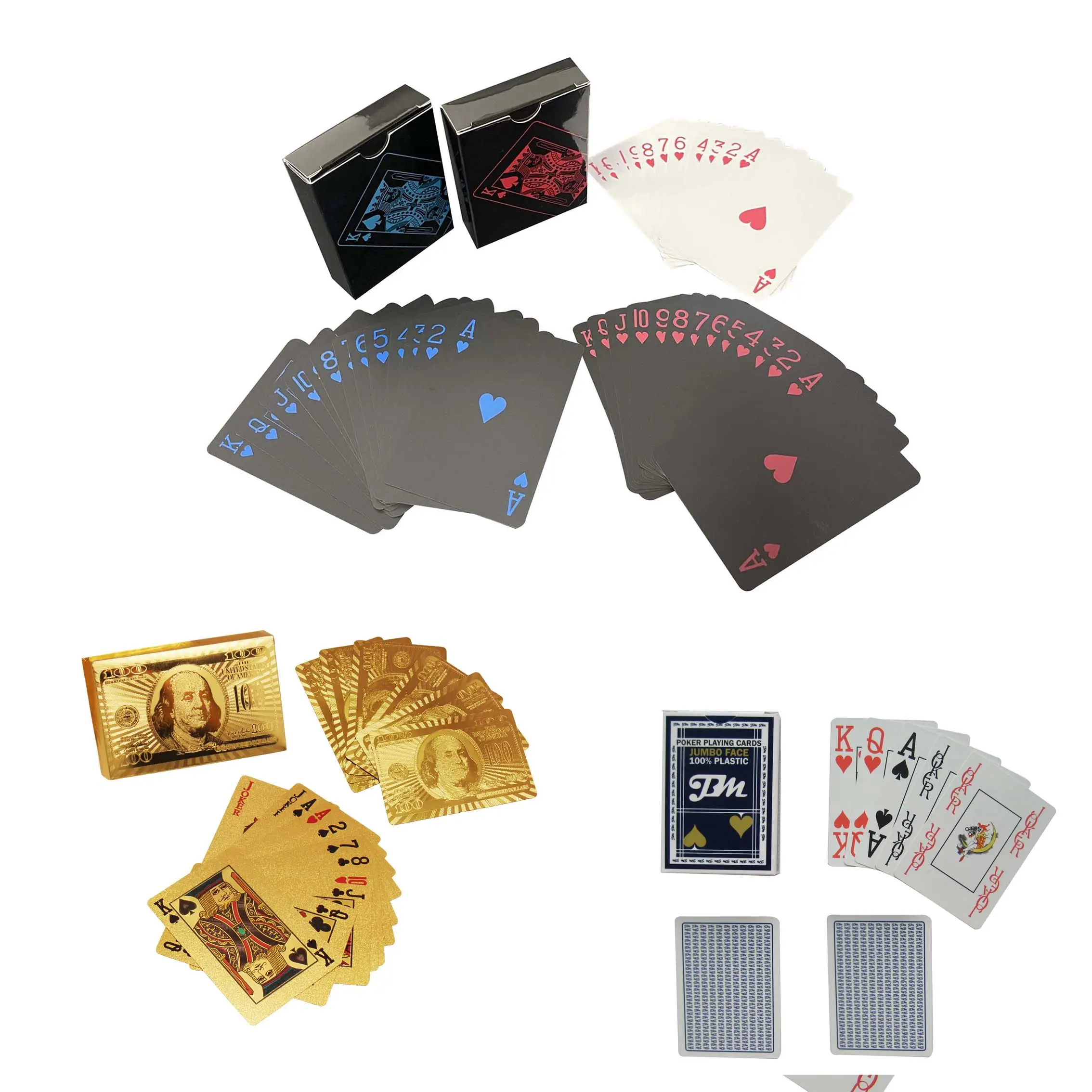 Cartas de jogo de pôquer à prova d'água para impressão personalizada, folha de PVC banhada a ouro preto e prata