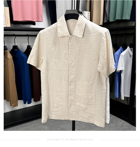 Camicia da uomo casual a maniche corte in 100% lino con perline, tinta unita, risvolto, trattamento anti-piega, alta solidità del colore, nuova collezione estiva 2026 - Product Image 2