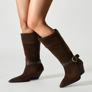 Big Size 46 High Wedge Heels Pointed Toe Shoes Metal Belt Buckles Suede Cowboy <b>Boots</b> Women's Flock Knee High Wide Fit Booties - Product Image 1