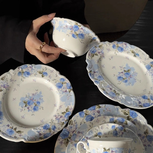 Lelyi nhà máy bán hàng trực tiếp pháp màu xanh hoa Shadow Rose Relief gốm bộ đồ ăn Set bao gồm các món ăn & tấm - Product Image 5