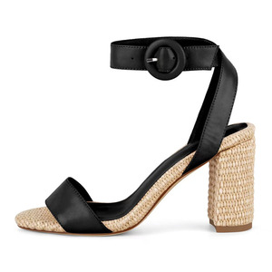 Sandales à talons hauts épais pour femmes, en matériaux tressés fantaisie, à bout ouvert, à bride unique, grande taille 46, chaussures à coupe large - Product Image 4