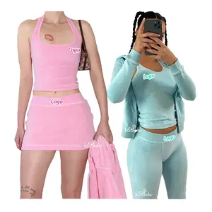 Benutzer definierte Stickerei Logo Sommer Terry Handtuch Crop Tank Top und Hosen Sweat suit Frauen 2 Stück Set Trainings anzug für Frauen