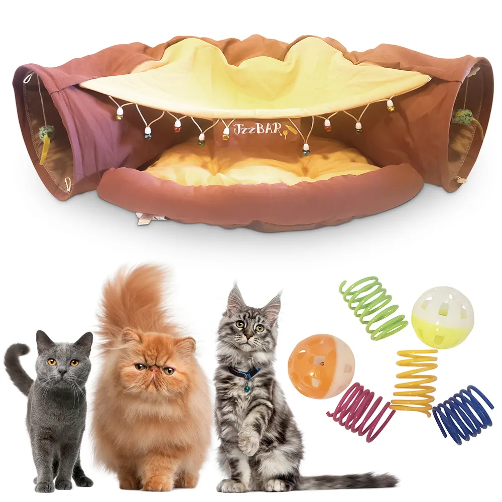 Creative design 2 in 1 Foldable pet cat tunnel toy bed soft comfortable cat nest with hanging plush ball