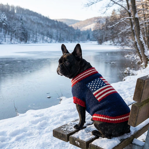 Suéter para Perro con Bandera Americana para el Día de la Independencia, Estilo <span class=keywords><strong>Bully</strong></span> Fit, Diseño Patriótico de Estrellas y Rayas, Ropa Tejida para Perros Frenchie y Bulldog - Product Image 4