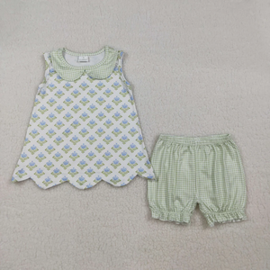 Vêtements d'été pour filles, ensembles de tenues pour enfants, haut sans manches à fleurs, short à carreaux vert, vêtements de boutique, vente en gros - Product Image 2