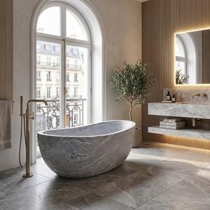 Baignoires ovales modernes sur mesure de luxe en granit or désertique exclusif, autoportantes pour salle de bain, villa, hôtel, maison - Product Image 1