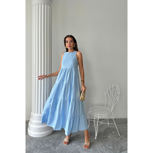 Robe longue en lin bleu sans manches - Élégante, décontractée, conception personnalisée ODM, sexy, pour séance photo estivale, longueur ras du sol, taille XS - Product Image 5