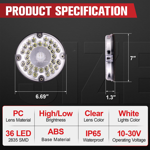 2 feux arrière ronds blancs à 36 LED de 7 pouces avec montage en surface à 4 trous pour camping-cars, camions, remorques, bus, fourgonnettes, 10-30V, IP65 - Product Image 3