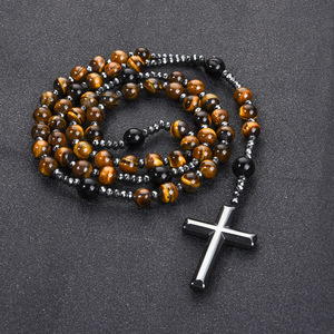 Nuevo Collar de Moda con Cuentas Redondas de Obsidiana y Ojo de Tigre, Cadena Larga con Cruz, Joyería y Accesorios para Hombre - Product Image 1