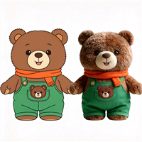 Peluche d'ours brun foncé pas cher, ours personnalisé avec pantalon à bretelles vertes, jouet en peluche moelleux avec écharpe, jouet en peluche animal