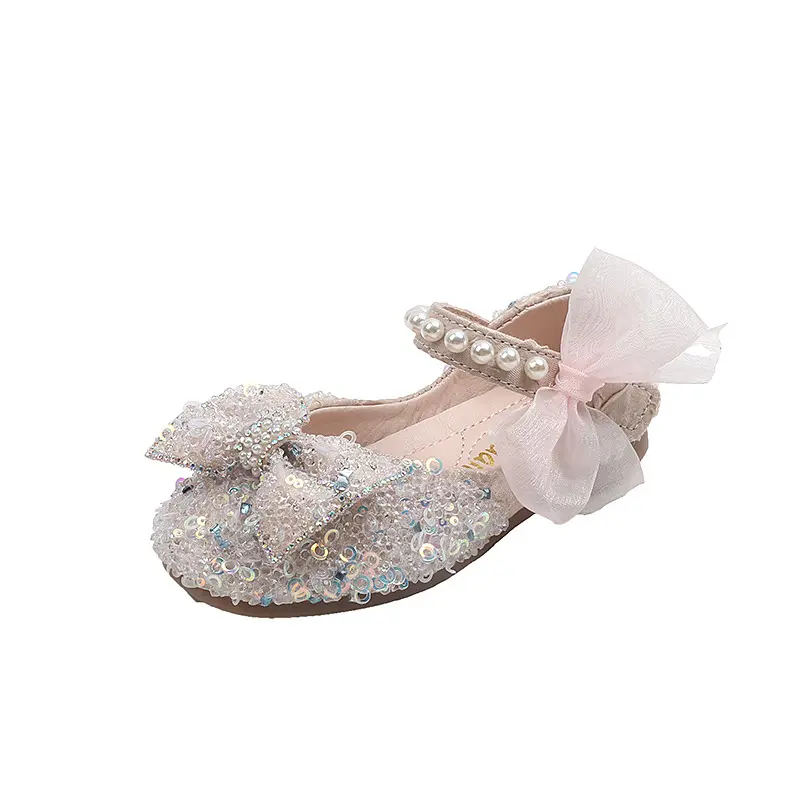 2023 Musim Gugur Anak Kecil Perempuan Sandal Glitter Berlian Imitasi Gaun Pompa Sequin Putri Kristal Busur Plat Bawah Sepatu Dansa Pesta