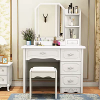 Coiffeuse blanche moderne avec miroir LED, table de maquillage multi-rangements avec étagères ouvertes et tiroirs, poste de maquillage pour chambre à coucher