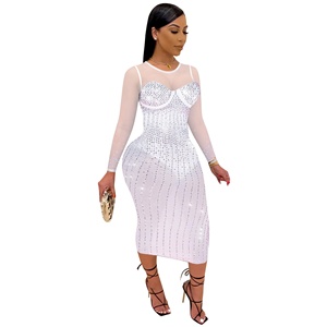 Ragazze Sexy nero trasparente maglia strass impreziosito manica lunga Party Club Dress elegante donna o-collo manica intera vestito a matita - Product Image 4