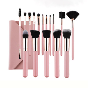 Juego de brochas de maquillaje vegano profesional superventas, 16 Uds., logotipo personalizado, fibra sintética suave rosa - Product Image 1