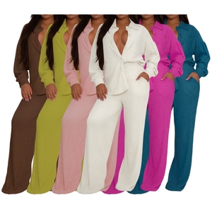 Women's Stretch Long-Sleeve Multiple Pockets Shirt With Pressed Creases Wide-Leg <b>Pants</b> Casual 2-Piece Set Fashion - Product Image 1