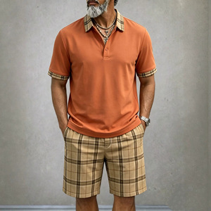 Ensemble décontracté <span class=keywords><strong>chic</strong></span> deux pièces <span class=keywords><strong>pour</strong></span> <span class=keywords><strong>homme</strong></span>, nouveau polo et short à carreaux, style transfrontalier Europe-Amérique, 100 % fibre de bambou - Product Image 4