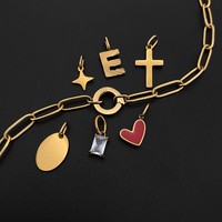 Bracelet à breloques en chaîne trombone eManco en acier inoxydable, avec breloques DIY : plaque ovale, rectangle, cristal, cœur rouge, lettre E, croix, étoile