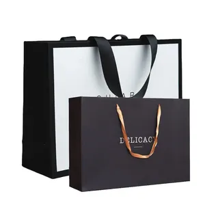 Customized Logo Print Luxury White Cardboard Shopping Paper Bags With Ribbon Handle For shoes and clothing