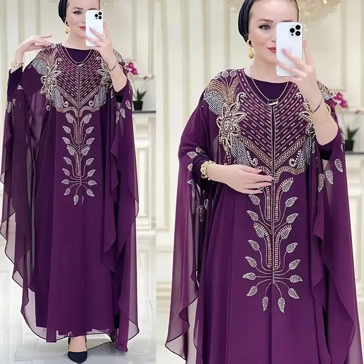 Abaya-Robe en mousseline de soie à manches longues pour femmes, vêtements islamiques, Double épaisseur