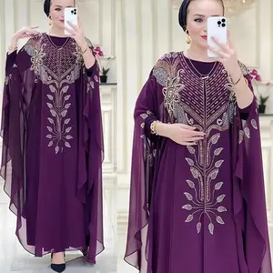 Muslim Islamic Clothing Double Layer Chiffon Patchwork Abaya Robe Dress Long Sleeve Women Dress