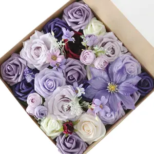 Sezon yeni yapay çiçek güller kafa kutusu düğün Centerpieces DIY dekorasyon için mor gül ipek çiçek kutusu