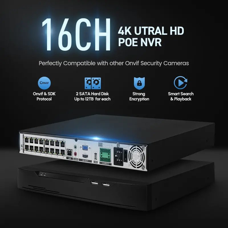 4K uitral HD การจดจำใบหน้า16ช่องเครื่องบันทึกวิดีโอเครือข่าย H.265 P2P อัจฉริยะ8MP NVR รองรับ2 SATA HDD 16CH POE NVR