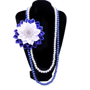 Роскошные королевские синие и белые атласные булавки с цветком георгина, многослойные жемчужные пряди, греческое ожерелье Zeta Phi Beta Sorority