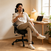 Chaise de bureau ergonomique moderne entièrement en maille, pivotante, avec support lombaire double séparé et accoudoirs réglables, compatible marque privée