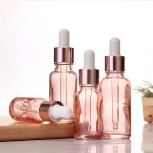Flacon compte-gouttes rond en verre rose pour sérum, 2oz 30ml 100ml, avec compte-gouttes rose doré pour cosmétiques - Product Image 5