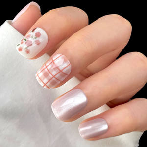 <span class=keywords><strong>Uñas</strong></span> Postizas de Color Rosa Claro con Purpurina Fina, Diseño de Ojo de Gato, Flores Rosas y Hojas <span class=keywords><strong>Verdes</strong></span>, <span class=keywords><strong>Uñas</strong></span> <span class=keywords><strong>Cortas</strong></span> Cuadradas con Diseño de Cuadros Cruzados en Rosa Claro y Blanco - Product Image 5