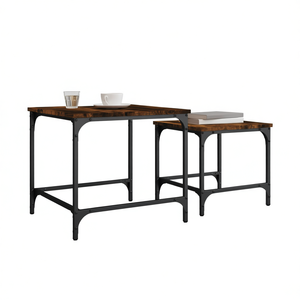 Set Of 2 Smoked Oak Engineered Wood Nesting <b>Coffee</b> <b>Tables</b> Industrial Modern Design Iron Frame Living Room Furniture - Product Image 1
